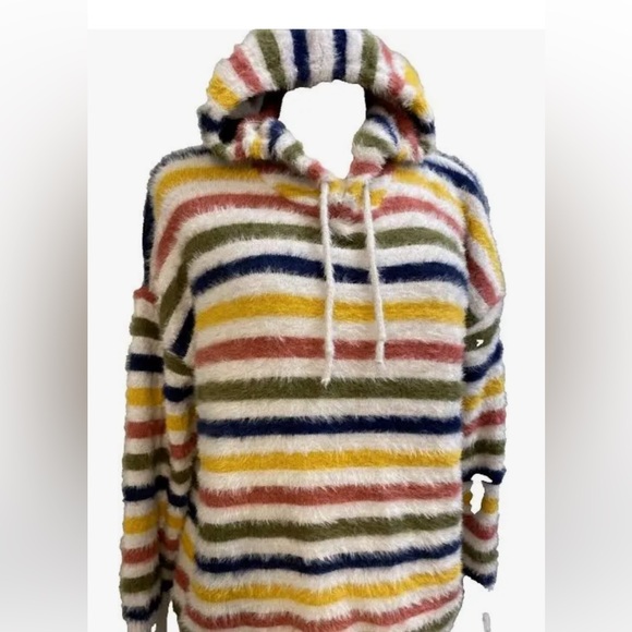 Anthropologie Oliver By Escio Striped Fuzzy Multicolor Hooded Sweater - Picture 2 of 4
